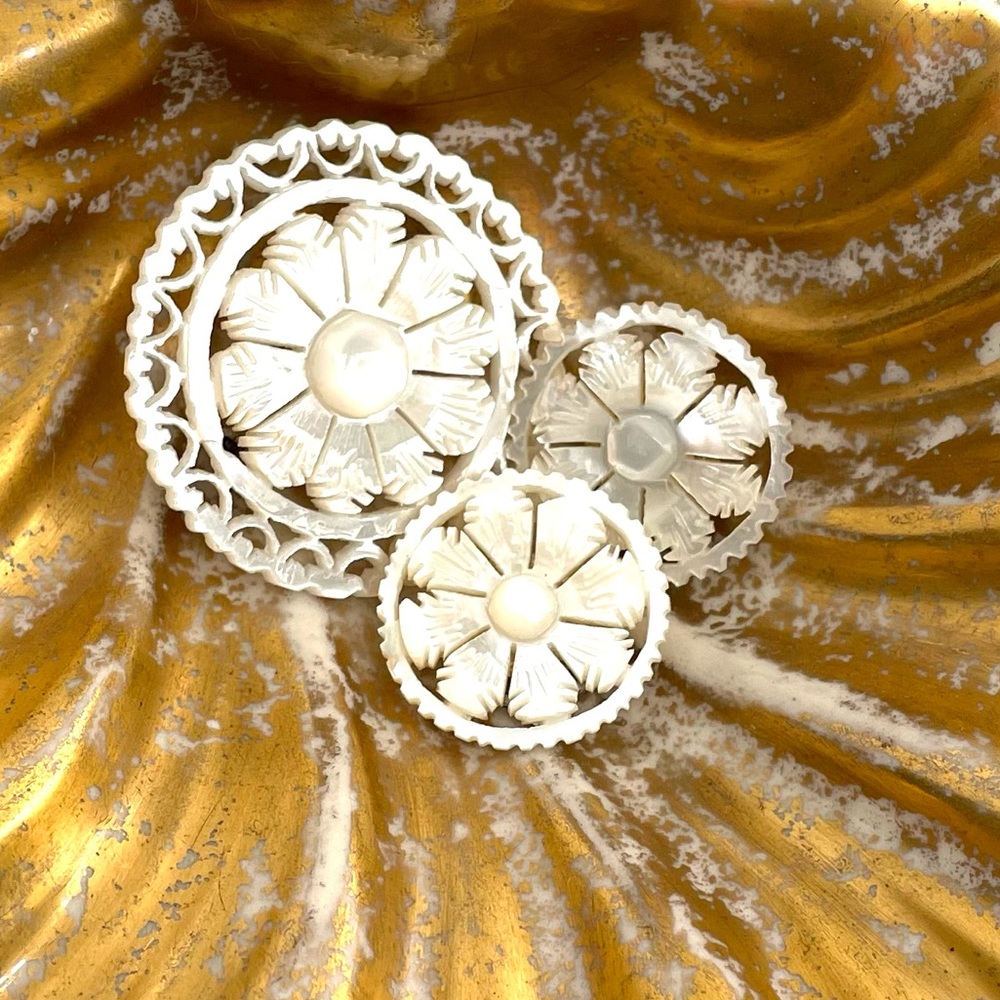 Beautiful Carved Mother of Pearl Earrings and Brooch - Vintage